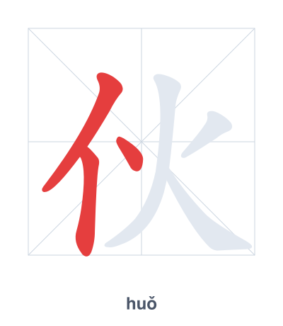 Stroke order practice for 伙 - huǒ