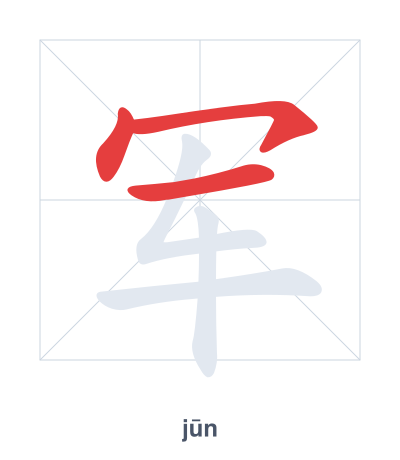 Stroke order practice for 军 - jūn
