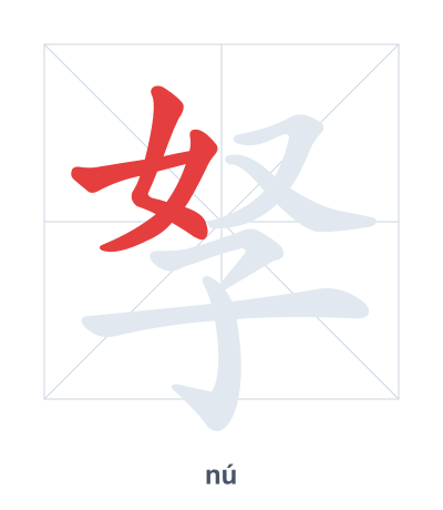 Stroke order practice for 孥 - nú
