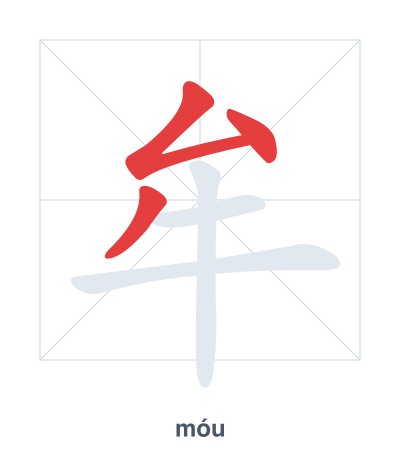 Stroke order practice for 牟 - móu