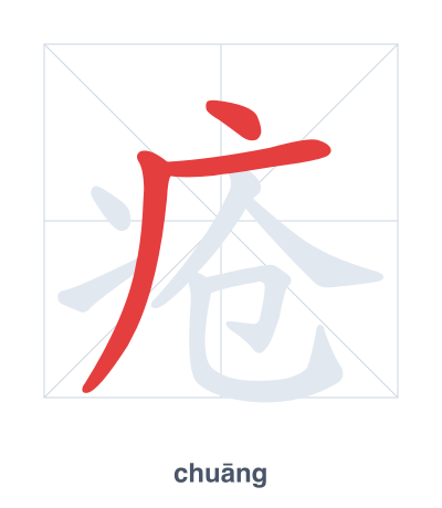 Stroke order practice for 疮 - chuāng