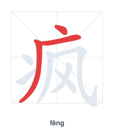 Stroke order practice for 疯 - fēng